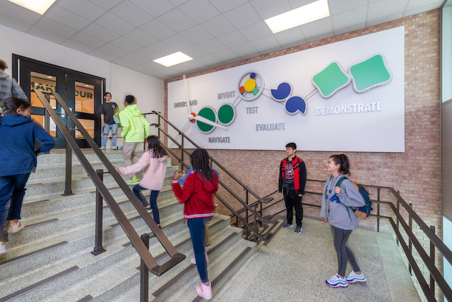 Designed by Perkins and Will, the Berkner STEM Exploration Center was created to “rethink STEM integration for all and create a space that would welcome teachers across all subjects and students of all ages."