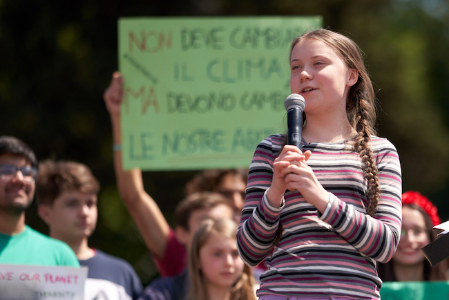 Greta Thunberg speaking at a climate change protest in Rome.