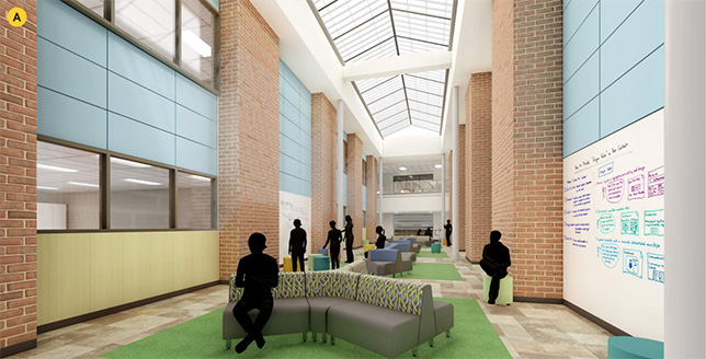 The new student commons at Gemini Middle School is filled with natural light. 