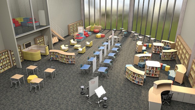 Flexible furniture to accommodate social distancing in a media center. 