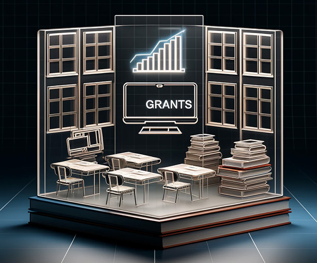 Minimalist depiction of school safety grant funding in a higher education setting, featuring a modern classroom with transparent walls. Inside, a glowing budget graph and a pile of books labeled 