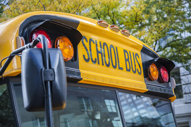 The upper half of a school bus is shown with the words "School Bus" printed between the headlights.