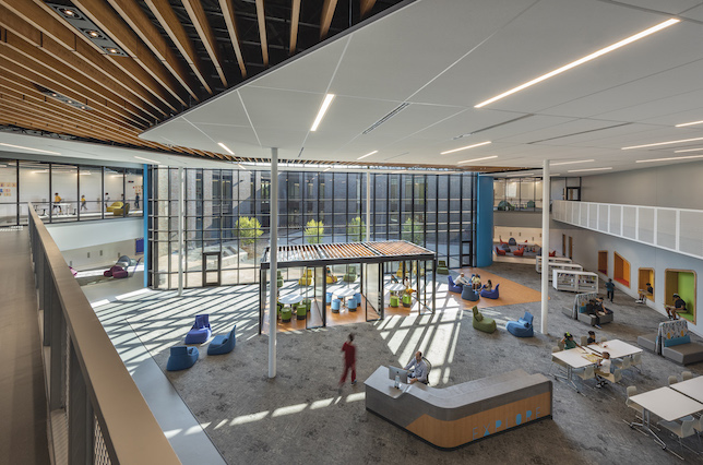 At the heart of the school is the two-story media center, designed to blur the lines between indoor and outdoor space. 