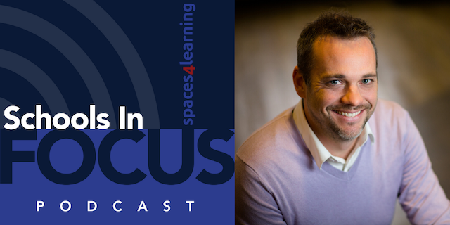 Schools In Focus Podcast logo and Todd Ferking, principal at DLR Group 