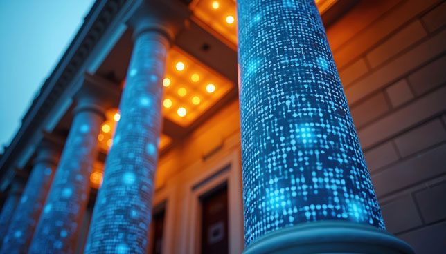 Classical building columns display digital data streams