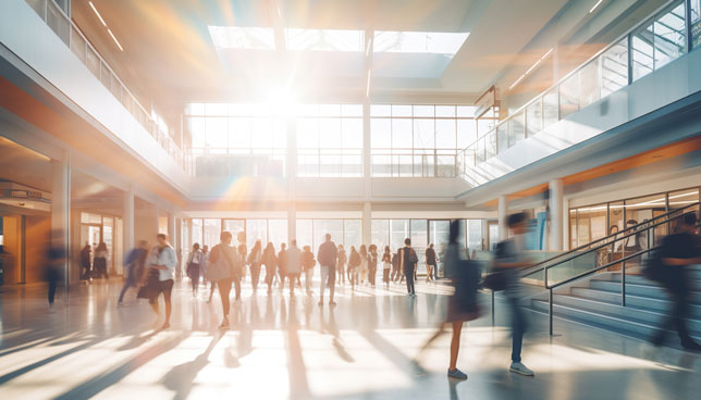 blurry image capturing students navigating crowded hallways between classes