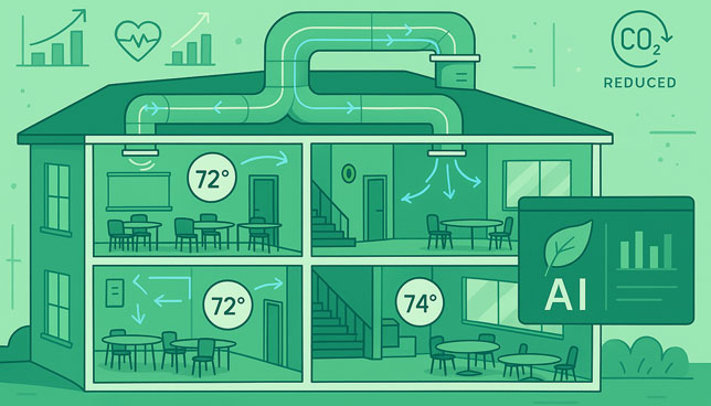 cutaway view of a modern school building, showing various rooms and zones