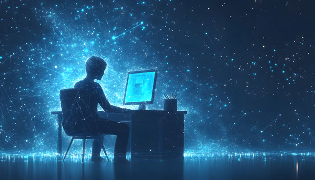 A digital silhouette works at a computer, immersed in a glowing, interconnected world