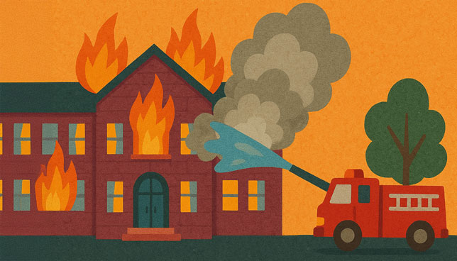 textured paper collage shows a school building on fire as a fire truck sprays water into the flames