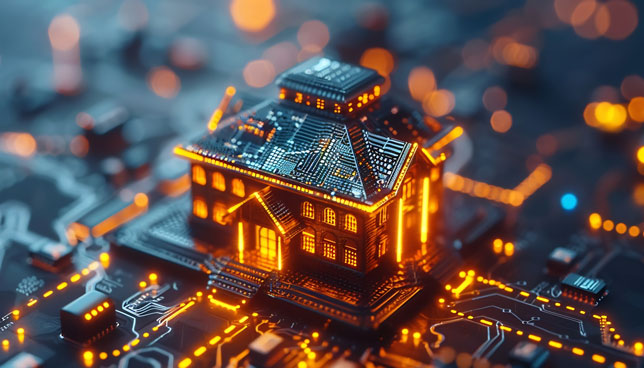 school building with glowing circuit board patterns