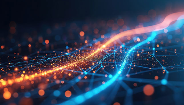 Abstract tech network data connections with orange, blue glowing dots, lines