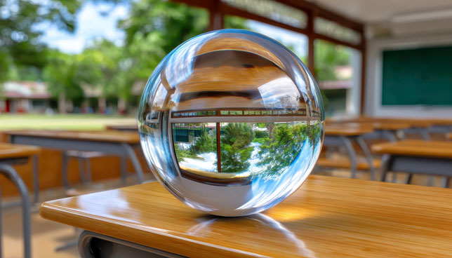 classroom with crystal ball on top of a desk