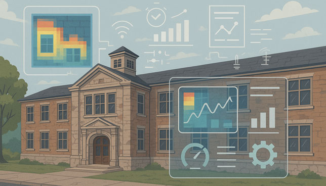 old university building with visible aging signs, overlaid with digital data graphics like thermal maps, charts, and system icons