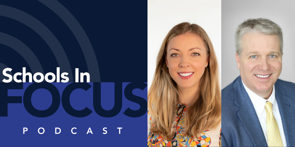 Schools In Focus podcast logo and Belinda Oakley, CEO of Chartwells K12, and Seth Ferriell, CEO of SSC Services for Education.